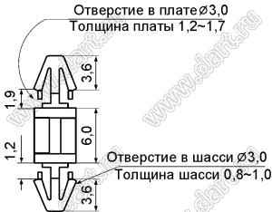 LCV-6 фиксатор платы с двумя защелками; A=6,0мм; B=3,6мм; C=3,6мм; E=1,2...1,7мм; F=0,8...1,0мм; dп=3,0мм; d отв.=3,0мм; нейлон-66 (UL); натуральный