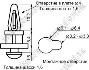 ACBR-6 фиксатор платы с защелкой; dп=4,0мм; s=1,6мм; t=1,6мм; нейлон-66 (UL); натуральный