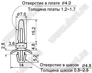 LCY-4.8 фиксатор платы с двумя защелками; dп=4,0мм; s=1,2...1,7мм; d отв.=4,8мм; t=0,8...2,0мм; нейлон-66 (UL); натуральный