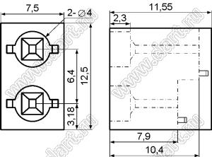 LED-342 держатель двух 3мм светодиодов на плату угловой; нейлон-66 (UL); черный; C=4,0мм