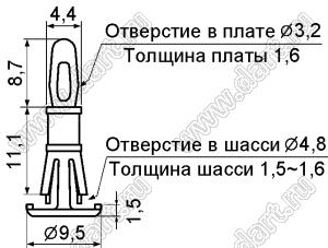 RCV-11.1 фиксатор платы с двумя защелками; D=3,2мм; S=1,6мм; d отв.=4,8мм; t=1,5...1,6мм; нейлон-66; натуральный