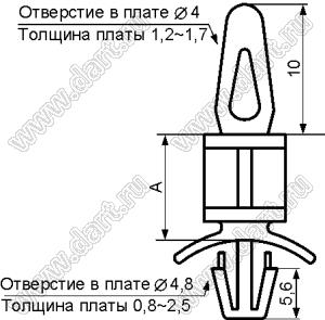 LCP-22 фиксатор платы с двумя защелками; A=22,2мм; dп=4,0мм; s=1,2...1,7мм; d отв.=4,8мм; t=0,8...2,5мм; нейлон-66 (UL); натуральный