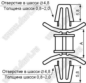 LCBY-19.1 фиксатор платы с двумя защелками; A=19,1мм; dп=4,8мм; s=0,8...2,0мм; d отв.=4,8мм; t=0,8...2,0мм; нейлон-66 (UL); натуральный