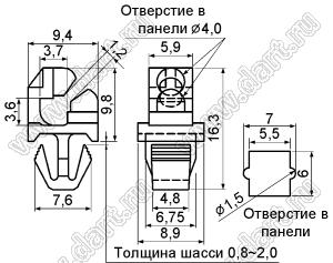 LCMM-4 фиксатор платы угловой под фигурное отверстие в шасси; dп=4,0мм; s=1,2мм; t=0,8....2,0мм; нейлон-66; натуральный