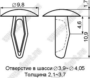 MB-19 пистон монтажный; L=10,9мм; d отв.=3,9~4,05мм; нейлон-66 (UL); натуральный