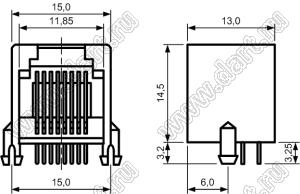 7007-8P8C (TJ1A-8P8C)-SOCKET Grey розетк RJ-45а на плату, 8 позиций, 8 контактов