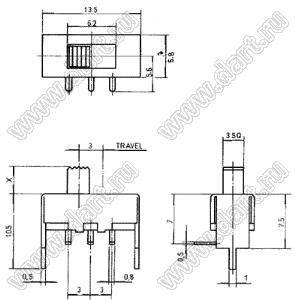 SS-12F40 переключатель движковый прямой 1P2T