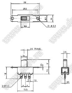 SS-12F32 переключатель движковый прямой 1P2T