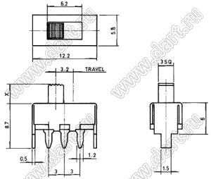 SS-12F44-G11 переключатель движковый прямой 1P2T