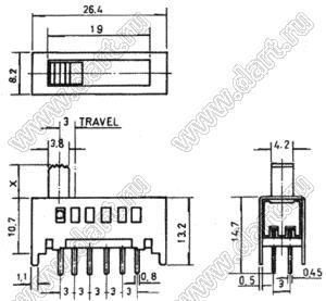 SS-16F03-EG6 переключатель движковый прямой 1P6T