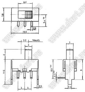 SS-12F50 переключатель движковый прямой 1P2T