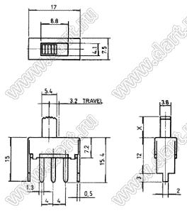 SS-12F18 переключатель движковый прямой 1P2T