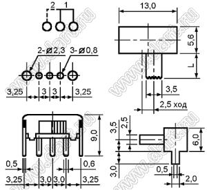 SK-12F14-G10 переключатель движковый угловой 1P2T