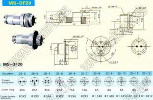 GX20-05PW/YC разъем промышленный металлический (комплект: вилка на прибор+розетка на кабель); 5-конт.; Iконт.=10А; никелирование