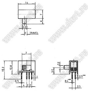 SK-23E01-G6 переключатель движковый угловой; 2P3T; I=0,3А; U=50В