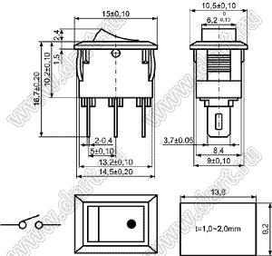 KCD11-A-102O82BB переключатель клавишный ON-ON; 15,0х10,5мм; 3A 250VAC/6A 125VAC; толкатель черный/корпус черный; без подсветки;  маркировка - нет; терминалы 2,5x0,4мм