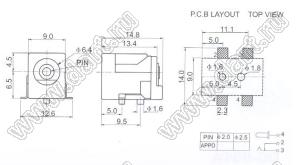 DC-050-2.5 (PJ-002BH-SMT, KLS1-TDC-001-2.5, C8118-DCTB0000R) гнездо питания на корпус (5,5x2,5mm)