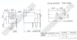 DC-002-1.0 (DJK-05C) гнездо питания угловое в плату D=4,2mm; d=1,0мм