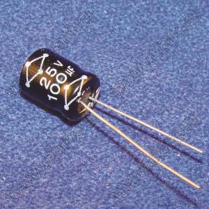 ECAP 100uF/25V 0611 105C GLR (LOW ESR) конденсатор алюминиевый электролитический радиальный с малым импедансом; 100мкФ; 25В; 6x11мм; P=2,5мм