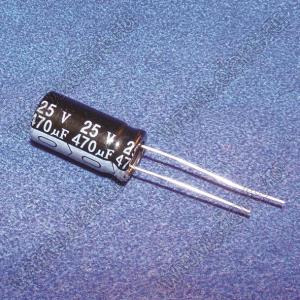 ECAP 470uF/25V 0814 105C RH конденсатор алюминиевый электролитический радиальный; 470мкФ; 25В; 8x14мм; P=3,5мм
