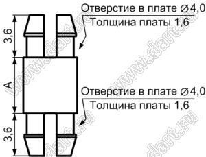 DMSP-4.8 фиксатор платы с двумя защелками; A=4,8мм; dп=4,0мм; s=1,6мм; d отв.=4,0мм; t=1,6мм; нейлон-66 (UL); натуральный