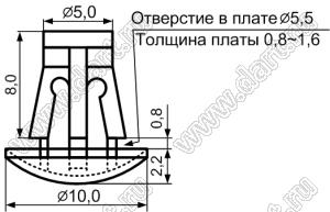 RAM-8 фиксатор платы с защелкой в шасси; A=8,0мм; d отв.=5,5мм; t=0,8...1,6мм; нейлон-66; натуральный