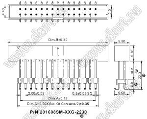 201608SM-40G-2230 вилка прямая приподнятая для поверхностного (SMD) монтажа; шаг 2,00x2,00мм; 2x20-конт.