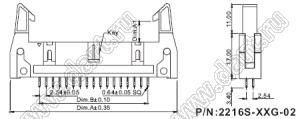 2216S-16G-02 (SCM-16S-02, DS1011-16S-02, IDCC-16MS-02) вилка закрытая прямая с длинными защелками для монтажа в отверстия; шаг=2,54x2,54мм; 2x8-конт.