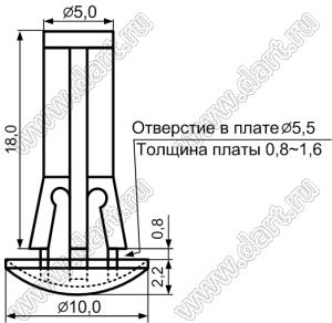 RAM-18 фиксатор платы с защелкой в шасси; A=18,0мм; d отв.=5,5мм; t=0,8...1,6мм; нейлон-66; натуральный