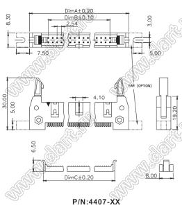 4407-20 (IDCC-20, 3920-20-S0xW, DS1012-20M) вилка с защелками и с монтажными "ушами" закрытая в корпусе, шаг 2,54x2.54 мм на плоский кабель (шлейф) с шагом 1,27 мм; 2x10-конт.