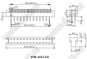 4403-20 (FDC-20) колодка IDC, шаг 2,54x2.54 мм на плоский кабель (шлейф) с шагом 1,27 мм для монтажа в отверстия; 2x10-конт.