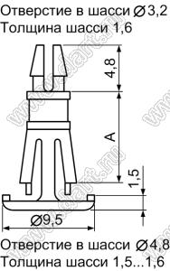 RCBS-6.5 фиксатор платы с двумя защелками; A=6,5мм; D=3,2мм; S=1,6мм; d отв.=4,8мм; t=1,5...1,6мм; нейлон-66; натуральный