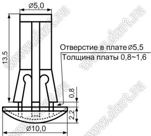 RAM-13.5 фиксатор платы с защелкой в шасси; A=13,5мм; d отв.=5,5мм; t=0,8...1,6мм; нейлон-66; натуральный