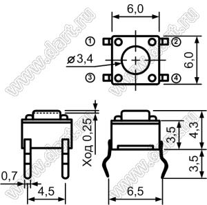 TC-0102-X (TVDP01-4.3, TS6643, SWT-2, TS-A1PS-130, SWT-20-4.3, DTS-61, TS-06V-ASP) кнопка тактовая; 6x6x4,3мм