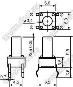 TC-0108-X (TVDP01-9.5, 0695, TS-A4PS-130, SWT20-9.5, DTS-65, KAN 0611-951A) кнопка тактовая; 6x6x9,5мм