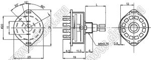 SR25N-1-1-3-15KQ переключатель галетный 3П1Н на провод, вал 18 зубцов, длина 15мм