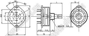 SR25P-1-1-3-20KQ переключатель галетный 3П1Н в плату, вал 18 зубцов, длина 20мм