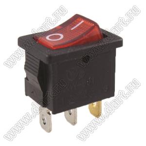 KCD1-B2-101N11RBA переключатель клавишный ON-OFF; 21,0х15,0мм; 6A 250VAC/10A 125VAC; толкатель красный/корпус черный; с подсветкой;  маркировка "O I"; терминалы 4,8x0,8мм