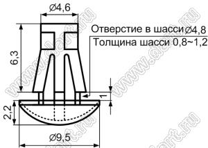 RAD-6 фиксатор платы с защелкой в шасси; A=6,3мм; d отв.=4,8мм; t=0,8...1,2мм; нейлон-66; натуральный