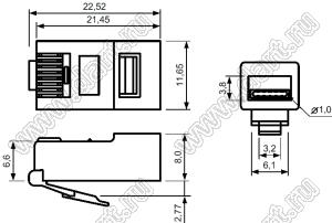 7001-8P8C (TP-8P8C)-PLUG CHINA вилка RJ-45 на кабель, 8 позиций, 8 контактов