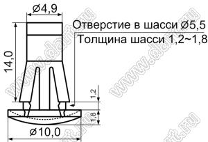 RAS-14 фиксатор платы с защелкой в шасси; A=14,0мм; d отв.=5,5мм; t=1,2...1,8мм; нейлон-66; натуральный