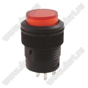 R16-503BD-R Non Lock переключатель с подсветкой; без фиксации; черный корпус; красный толкатель; U=250В; I max=3А