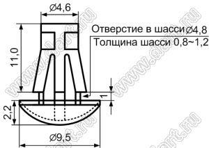 RAD-11 фиксатор платы с защелкой в шасси; A=11,0мм; d отв.=4,8мм; t=0,8...1,2мм; нейлон-66; натуральный