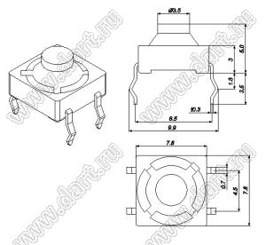 TSX8855S-120AH кнопка тактовая с резиновым толкателем 4 вывода; 7,8x7,8x5,5мм