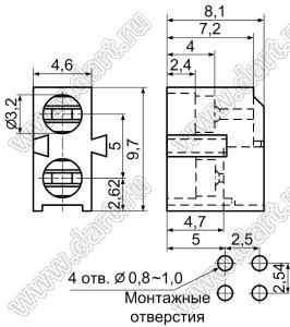 LED-6302 держатель двух 3-мм светодиодов угловой на плату с "ласточкиным хвостом"; нейлон-66 (UL); черный; C=3.2мм