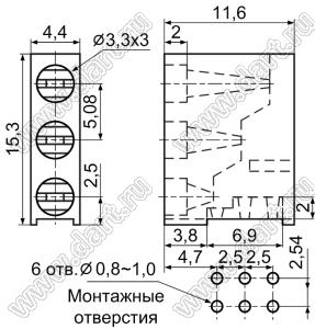 LH-330 держатель трех 3мм светодиодов на плату угловой; черный; C=3.3мм