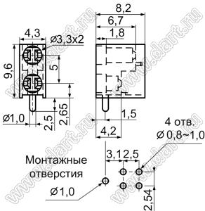 LEK-307 держатель двух 3мм светодиодов на плату угловой; нейлон-66 (UL); черный; C=3,3мм