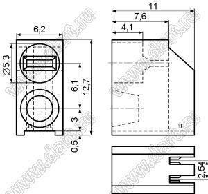 LED-528 держатель двух 5мм светодиодов на плату угловой; нейлон-66 (UL); черный; C=5,3мм