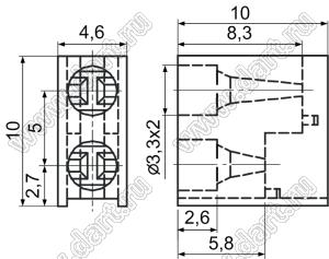 LED-324 держатель двух 3мм светодиодов на плату угловой; нейлон-66 (UL); черный; C=3,3мм