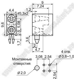 LEK-320 держатель двух 3мм светодиодов на плату угловой; нейлон-66 (UL); черный; C=3,3мм